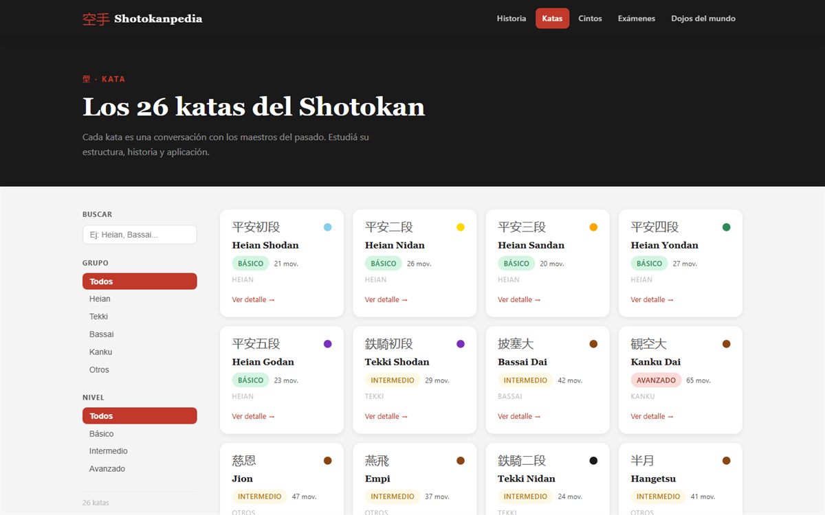 Listado de katas de Shotokanpedia con filtros por grupo y nivel